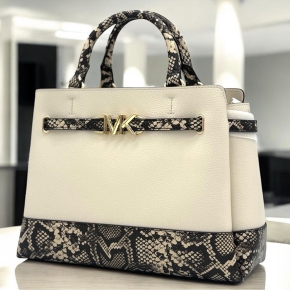 Michael Kors Large Reed CZ Belted Satchel Bag Light Cream Multi - Picture 2 of 12